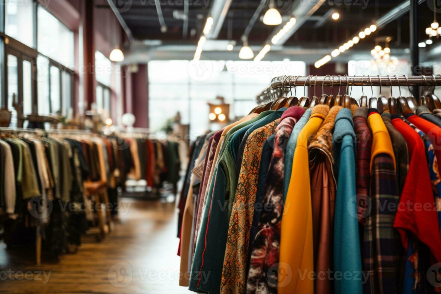 Multi colored garments hanging on coat hangers in store  ai generative photo