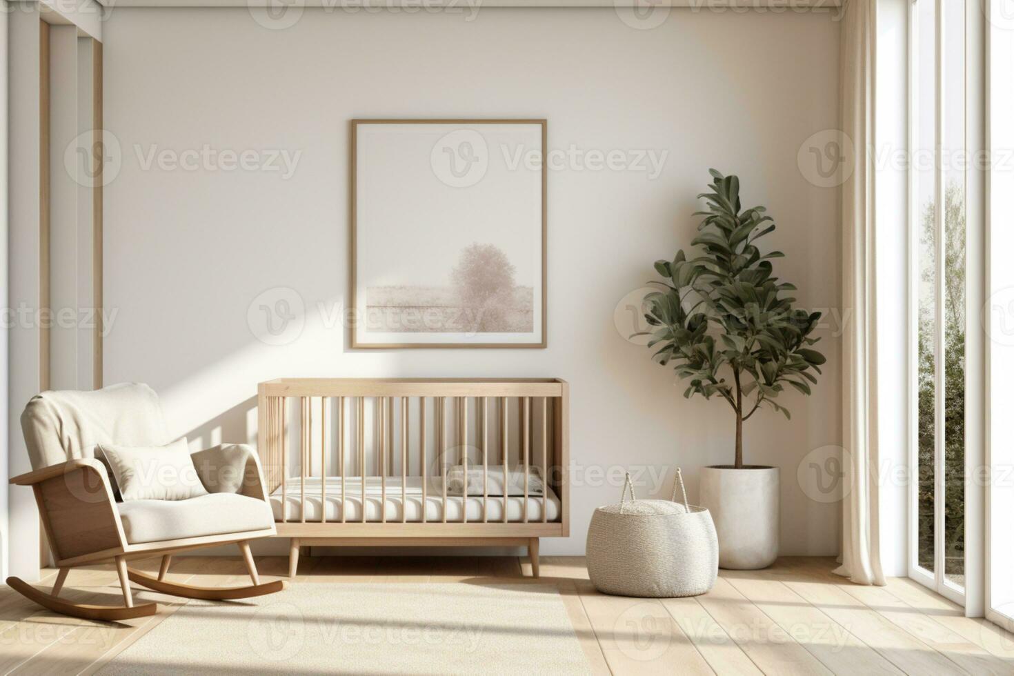 Mock up frame in children room with natural wooden furniture, Farmhouse style interior background, 3D render ai generative photo