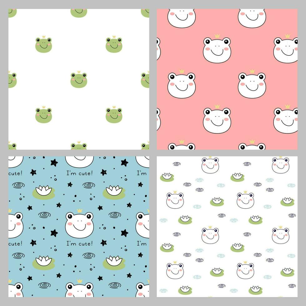 Set of Cute Little Frog queen seamless patterns. Hand drawn Little Toad in doodle style for designing baby clothes. Cartoon Bohemian nursery print. Kids design texture. Vector illustration.