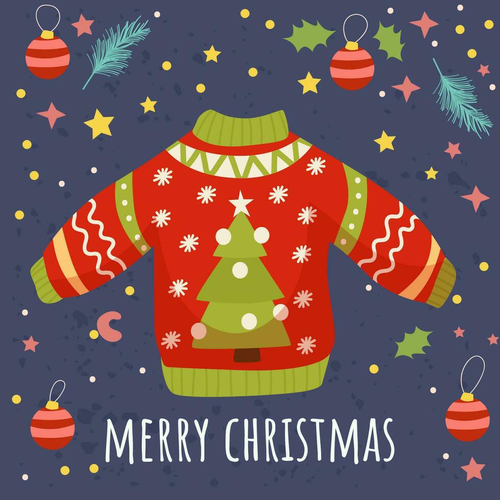 Christmas sweater. Cute flat style. Postcard. Merry Christmas. Vector illustration.