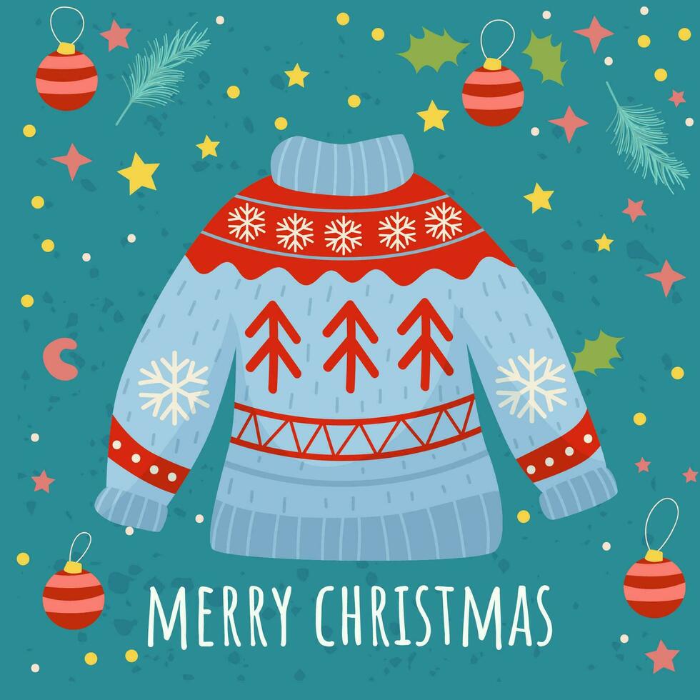 Navidad suéter. linda plano estilo. tarjeta postal. alegre Navidad. vector ilustración.