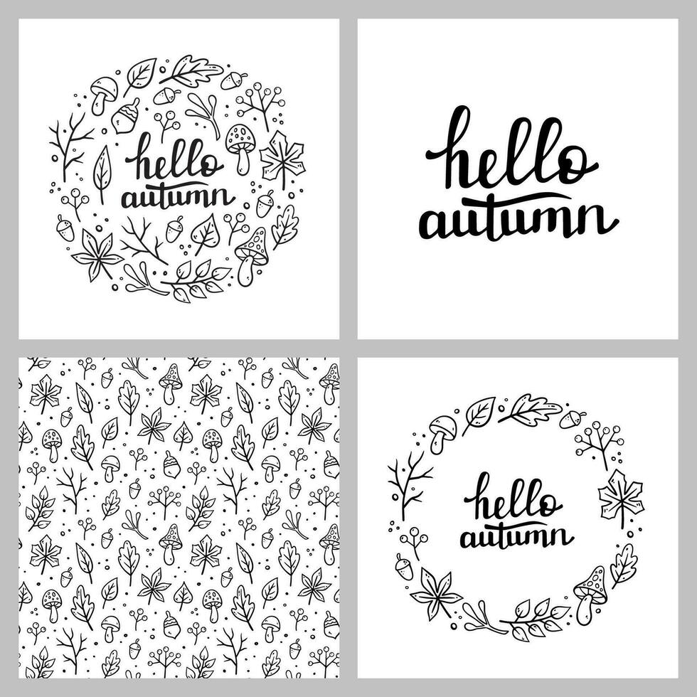 Autumn seamless pattern, HELLO AUTUMN handwritten lettering, round frame. Autumn decorative round design with Autumn elements. Vector illustration in Doodle style. Fall designs.