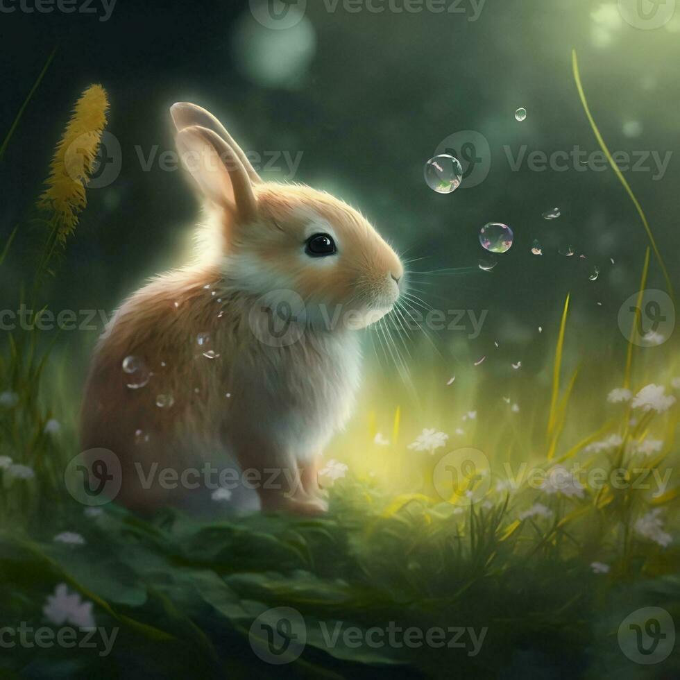 Easter with a small fluffy Easter bunny sitting in the green grass with dew shining at sunset in the sun. Cute Easter background. Generative AI. photo