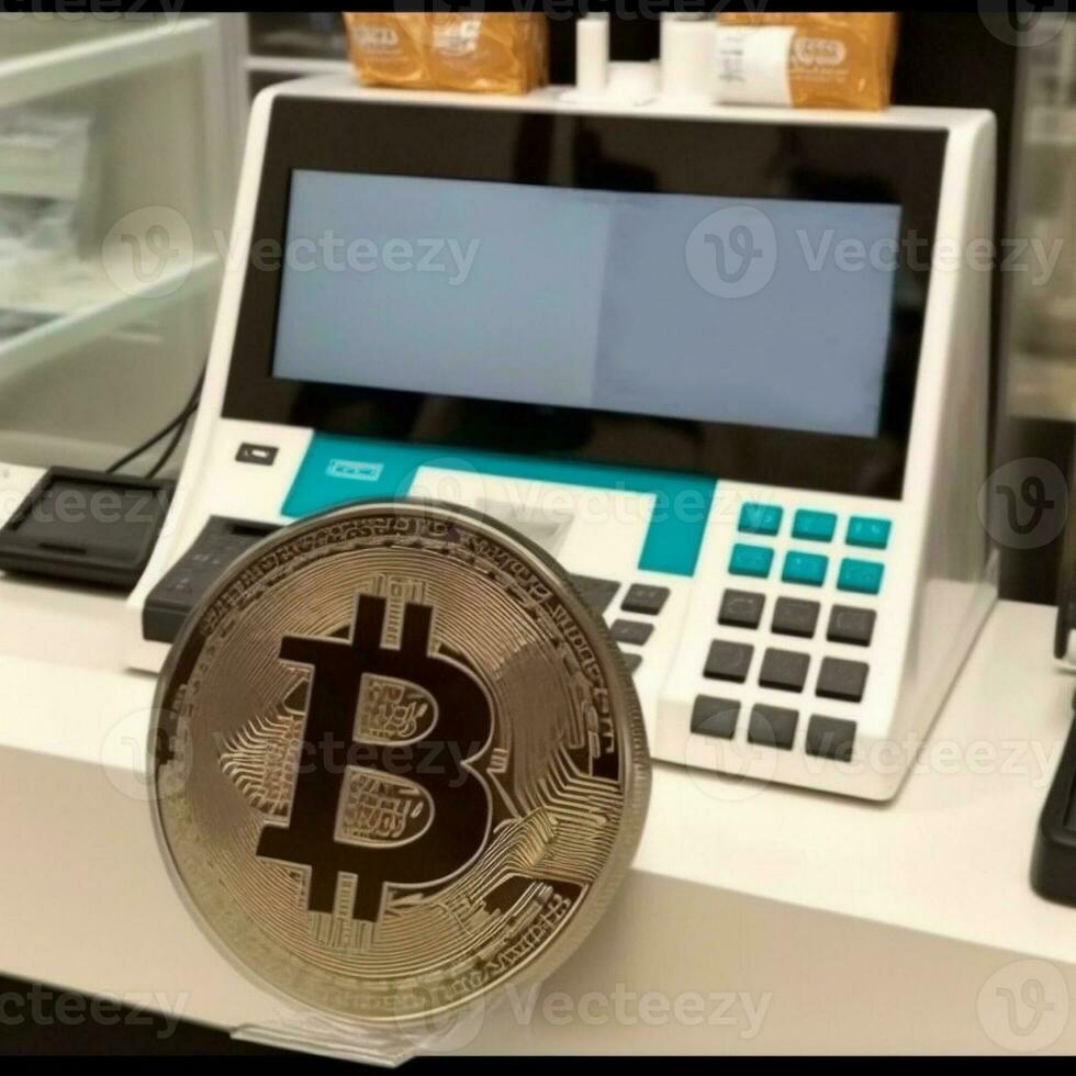 Payment by cryptocurrency at the checkout in the store. Generative AI photo