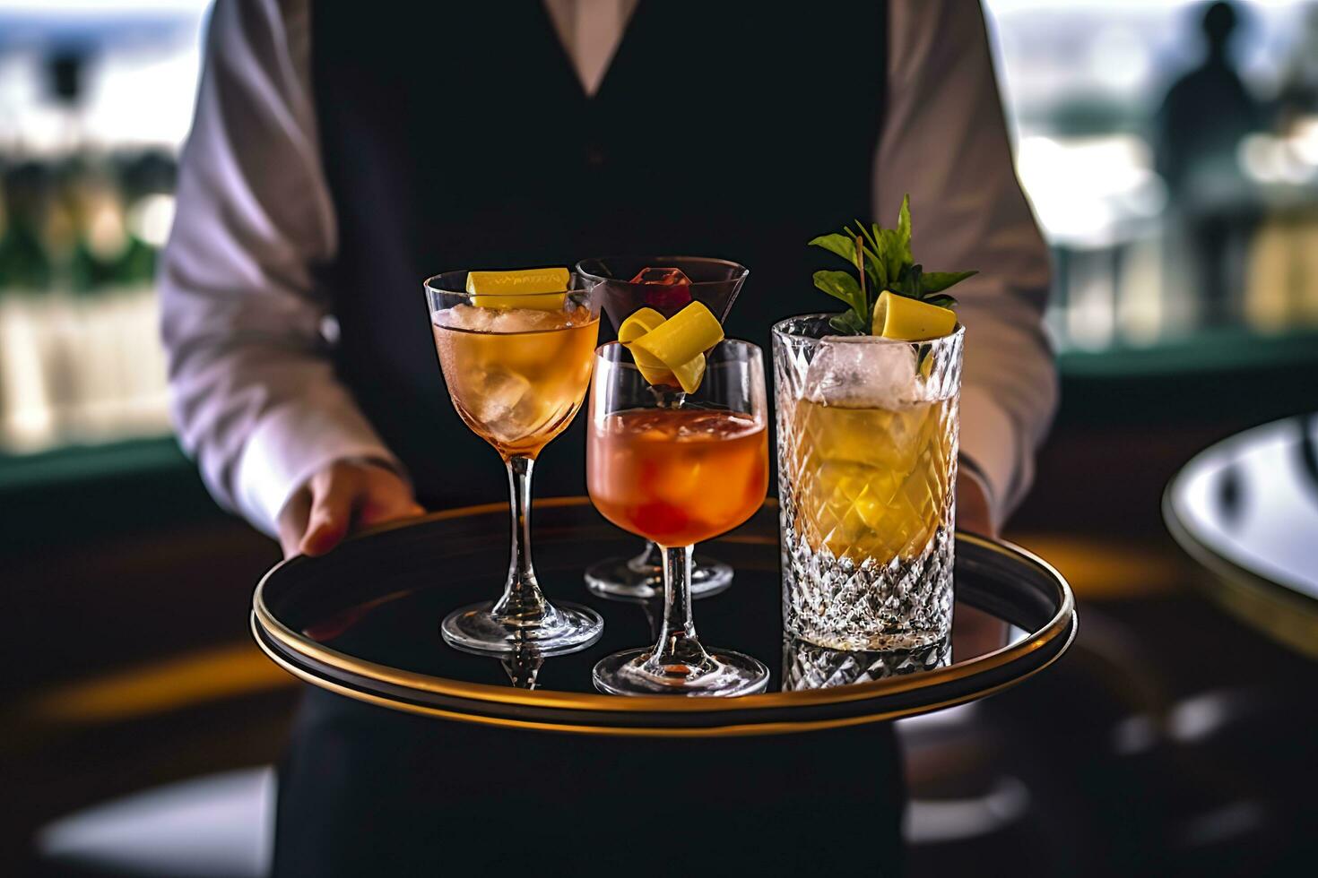 Glasses alcohol cocktail set on a waiter tray in bar. AI Generated photo