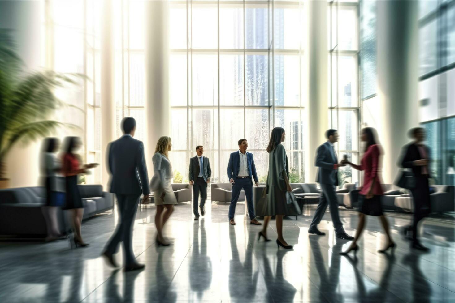 Group of people in the lobby. Business center. AI Generated photo