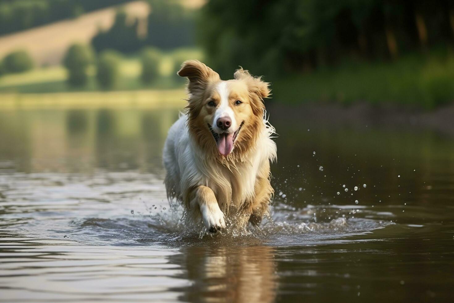 The dog runs on the water. Generative AI photo