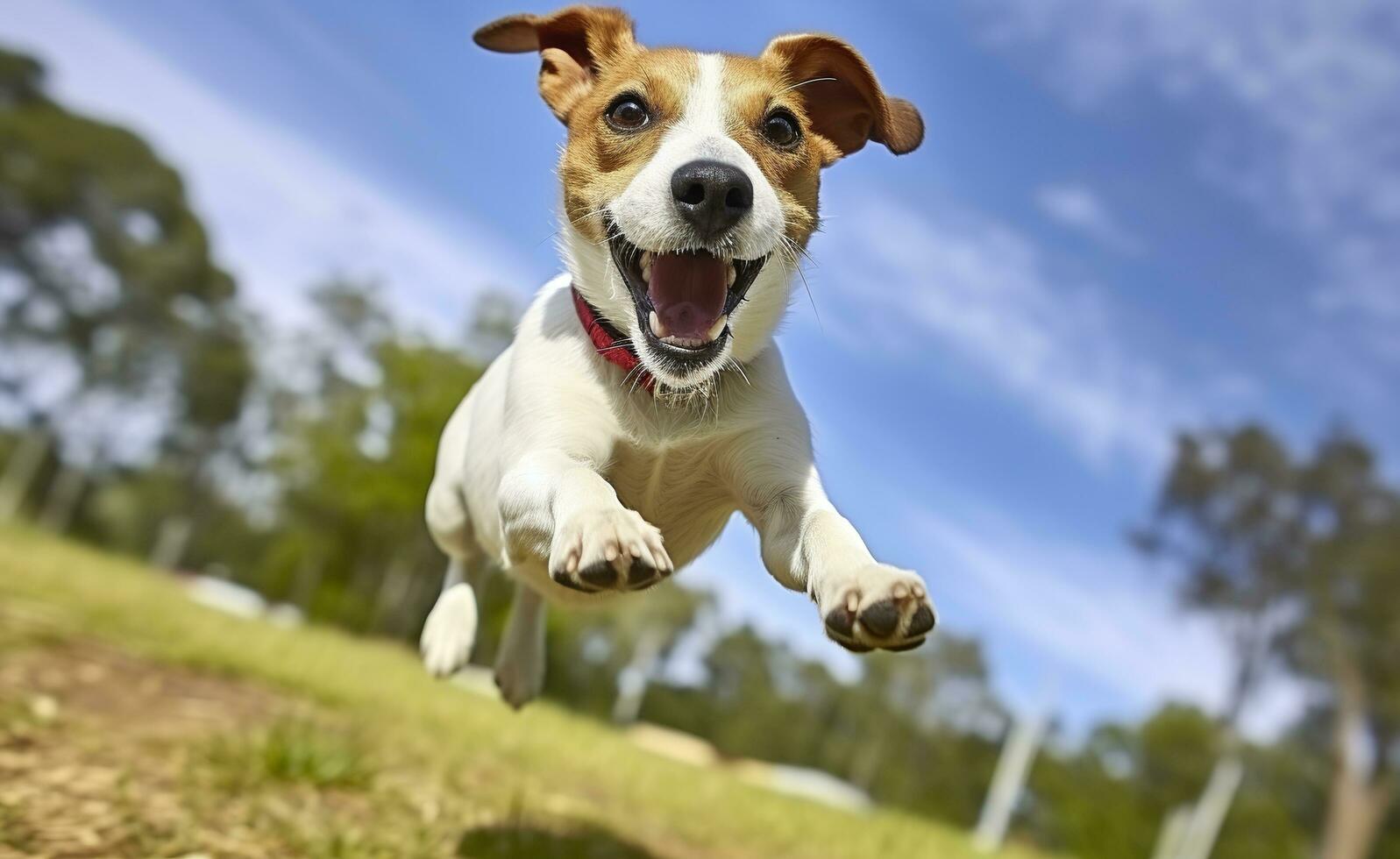 Jack rusia párroco perro correr hacia el cámara bajo ángulo alto velocidad disparo. ai generado foto