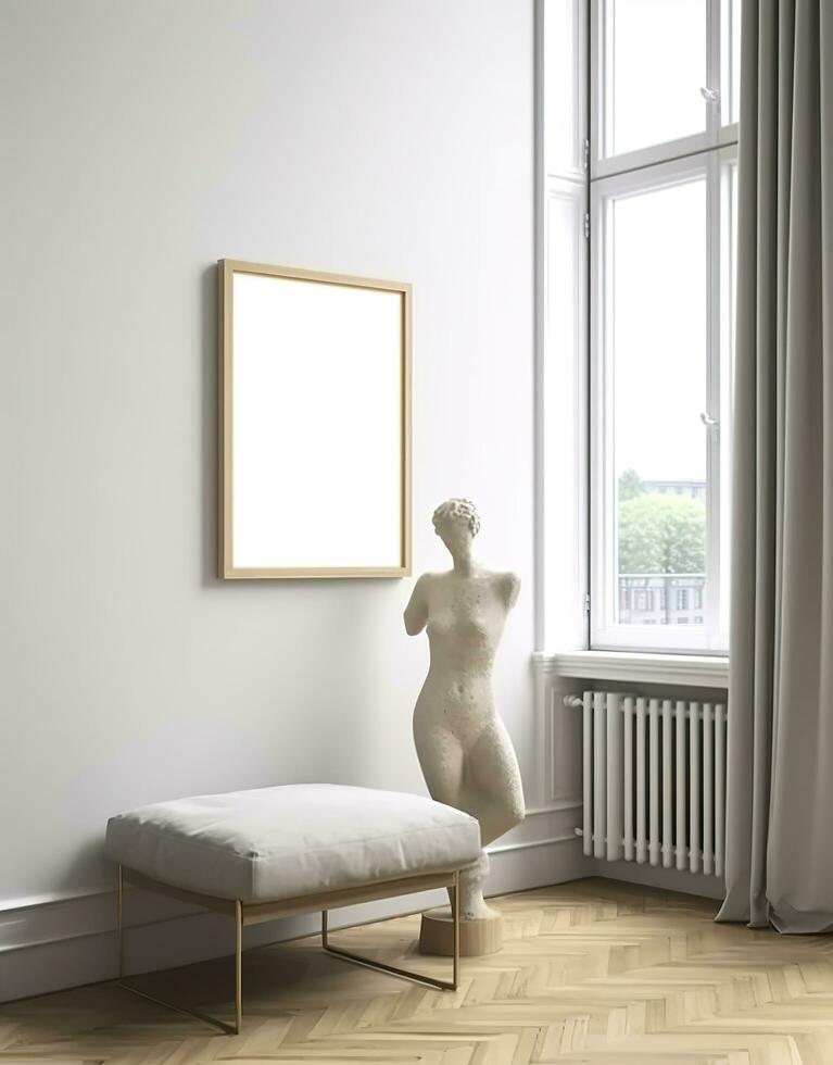 Mockup frame in contemporary Scandinavian living room interior, 3d render. AI Generative photo