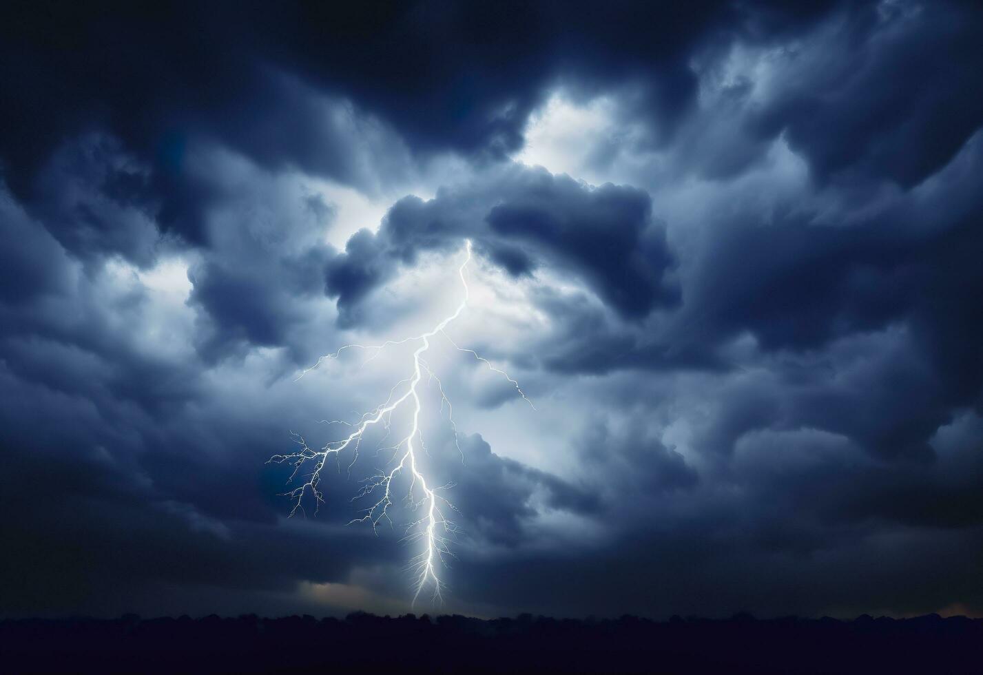 Lightning strikes on a cloudy dramatic stormy sky. AI Generated photo