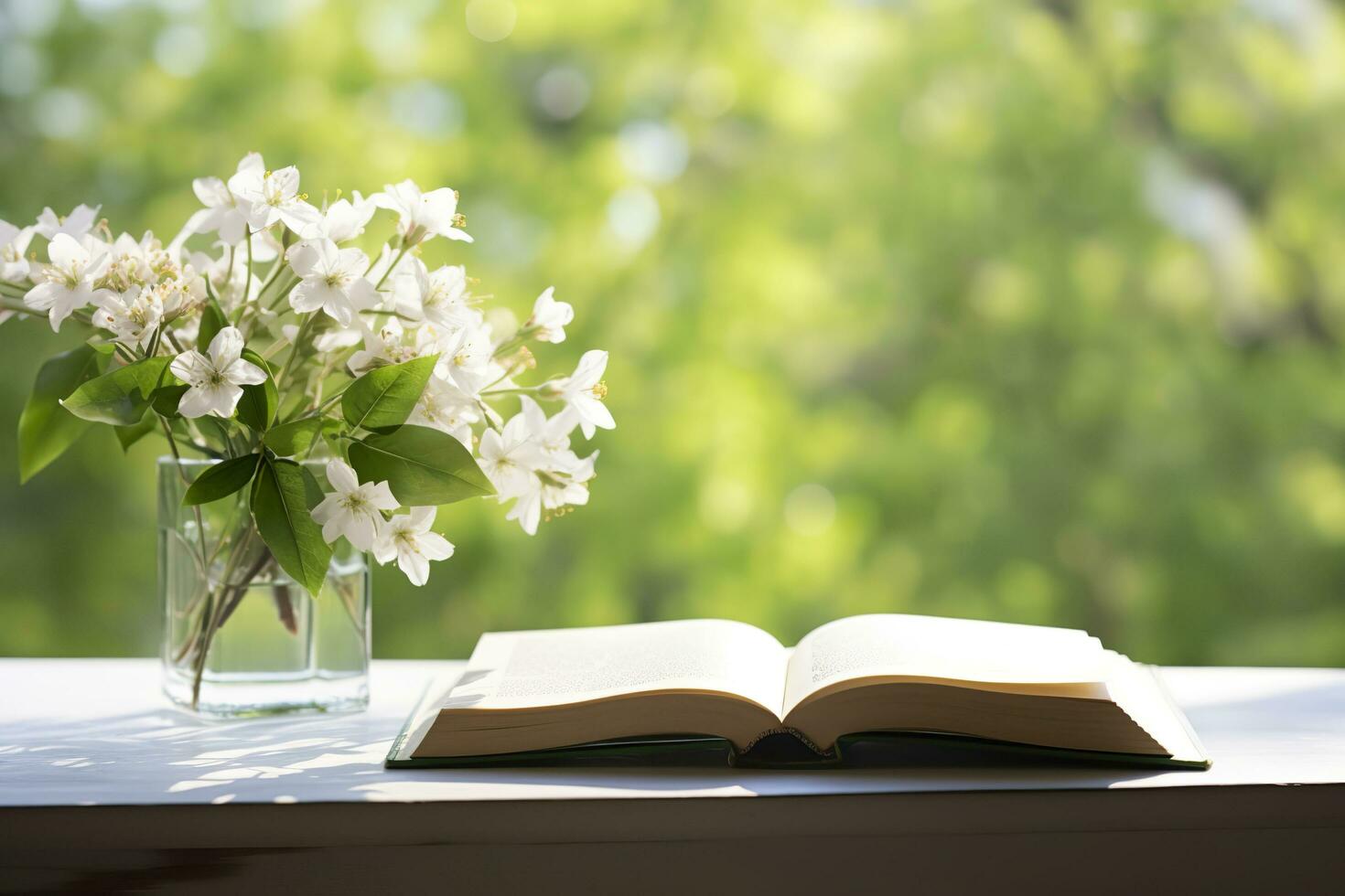Jasmine flowers in a vase and open book on the table, green natural background. AI Generated photo