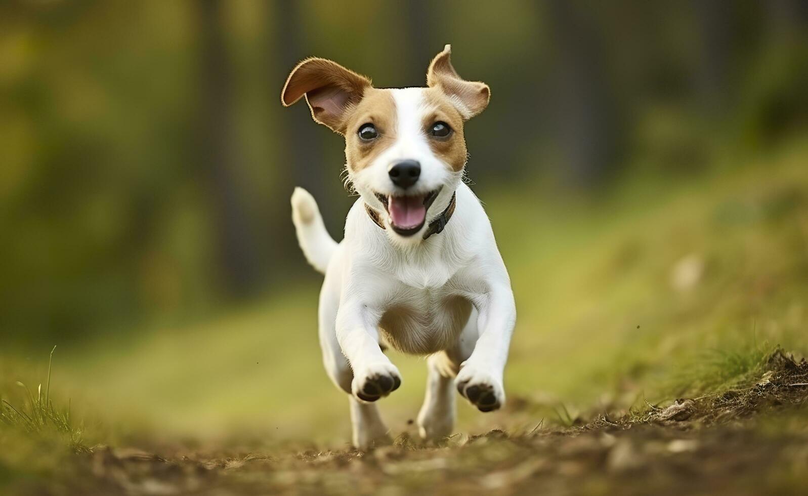 Jack Russel Parson Dog Run Toward The Camera Low Angle High Speed Shot. AI Generated photo