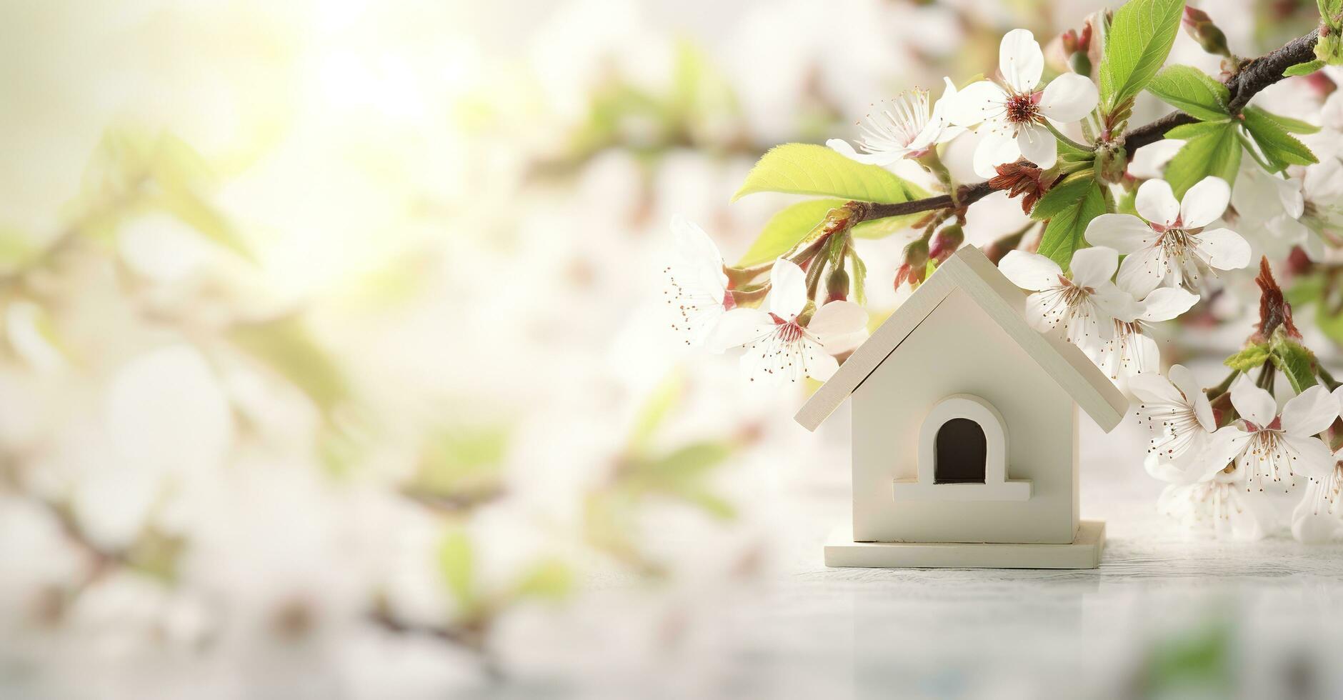 Toy house and cherry flowers, spring abstract natural background. Generative AI photo
