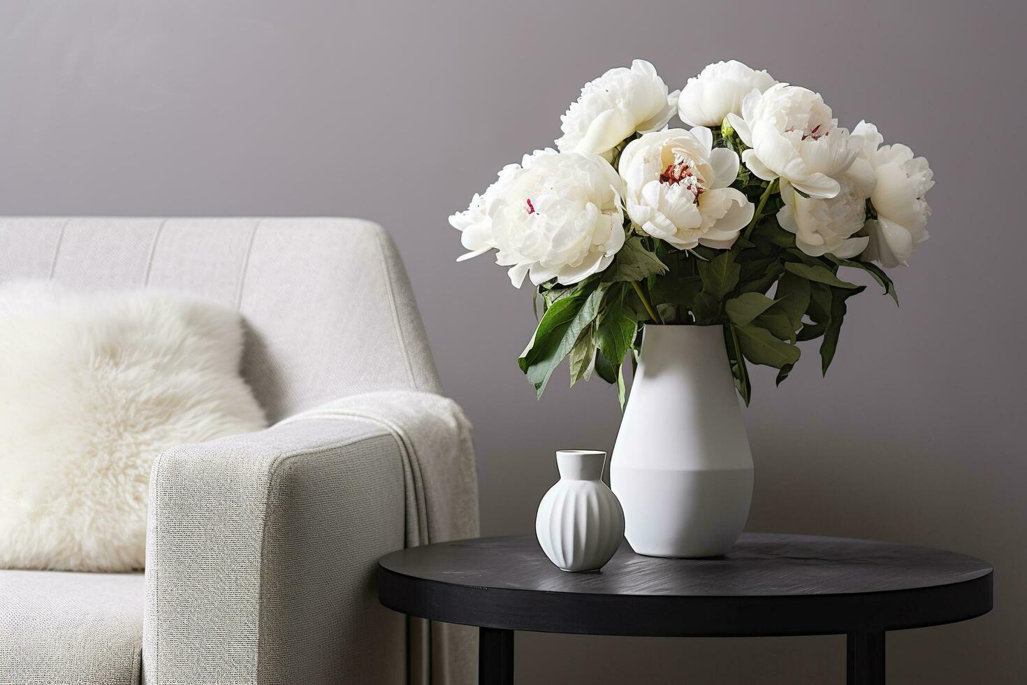 Vase of white peonies with coffee table and armchair near grey wall. Generative AI photo