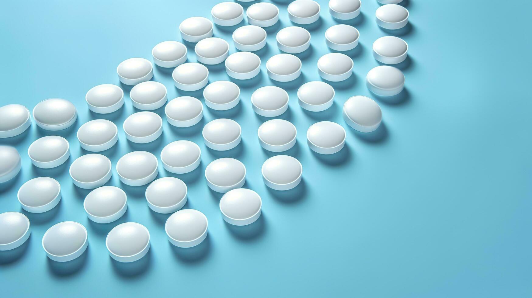 Top view white medicine tablets antibiotic pills on a soft blue background, copy space, Pharmacy theme, AI Generative photo