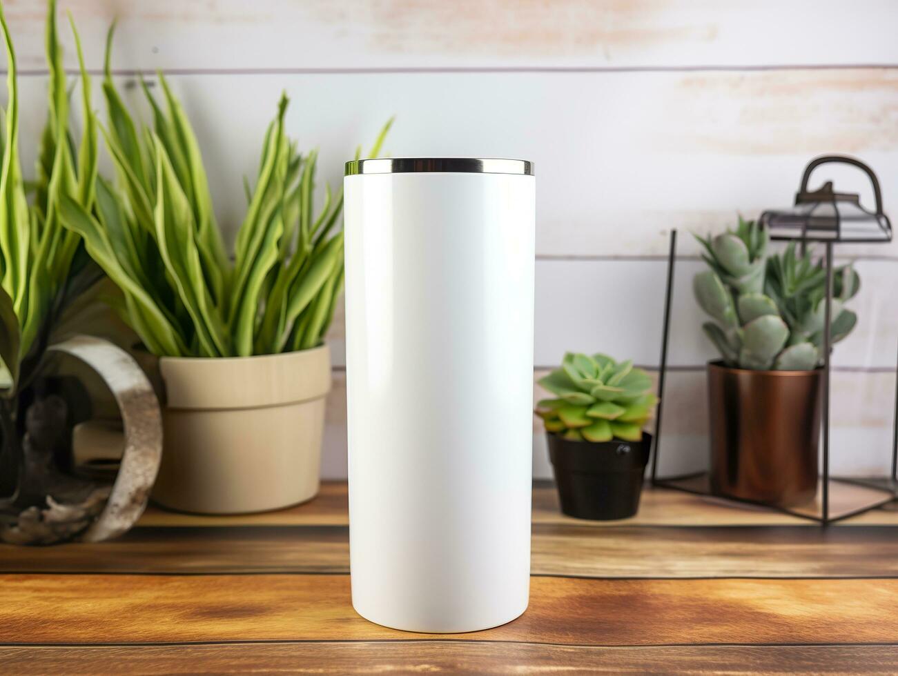 White stainless steel sublimation blank tumblers with straw, product shot. Generative AI photo