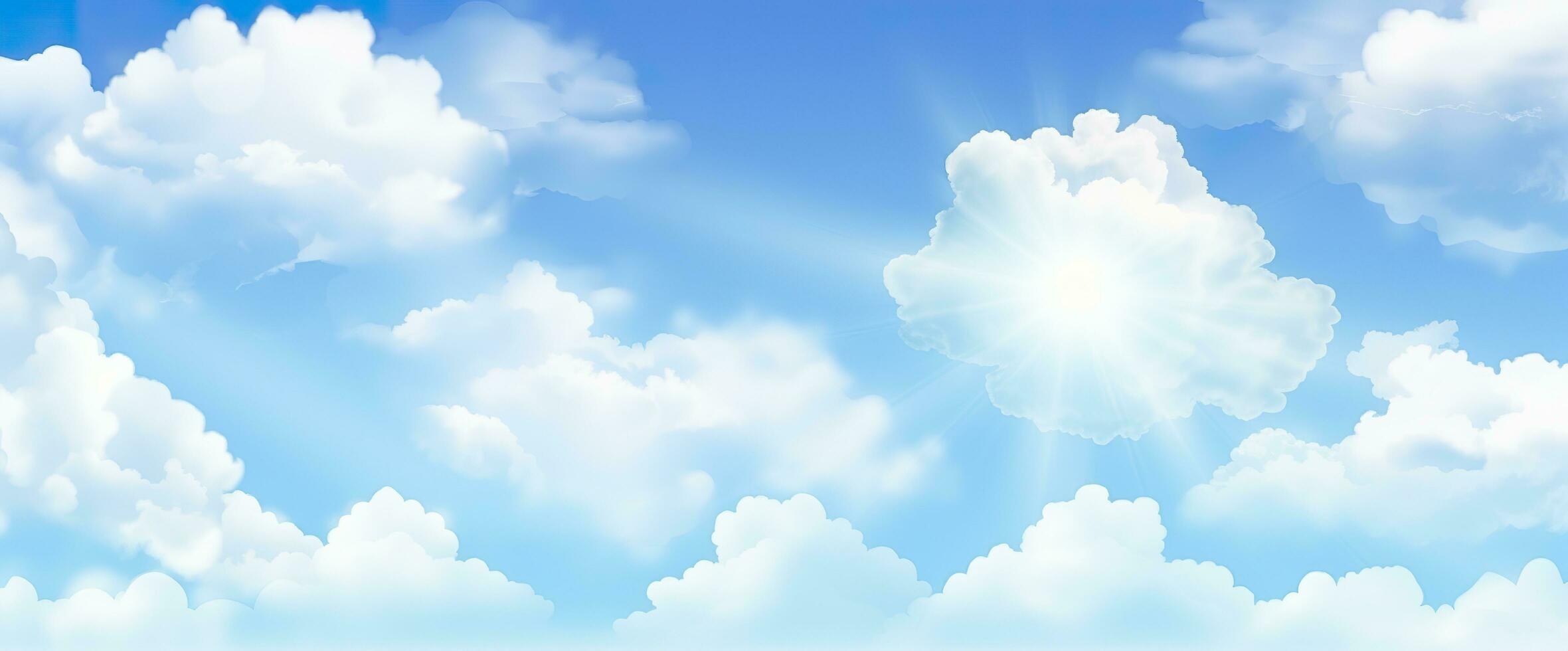 Sunny background, blue sky with white clouds and sun. Generative AI photo