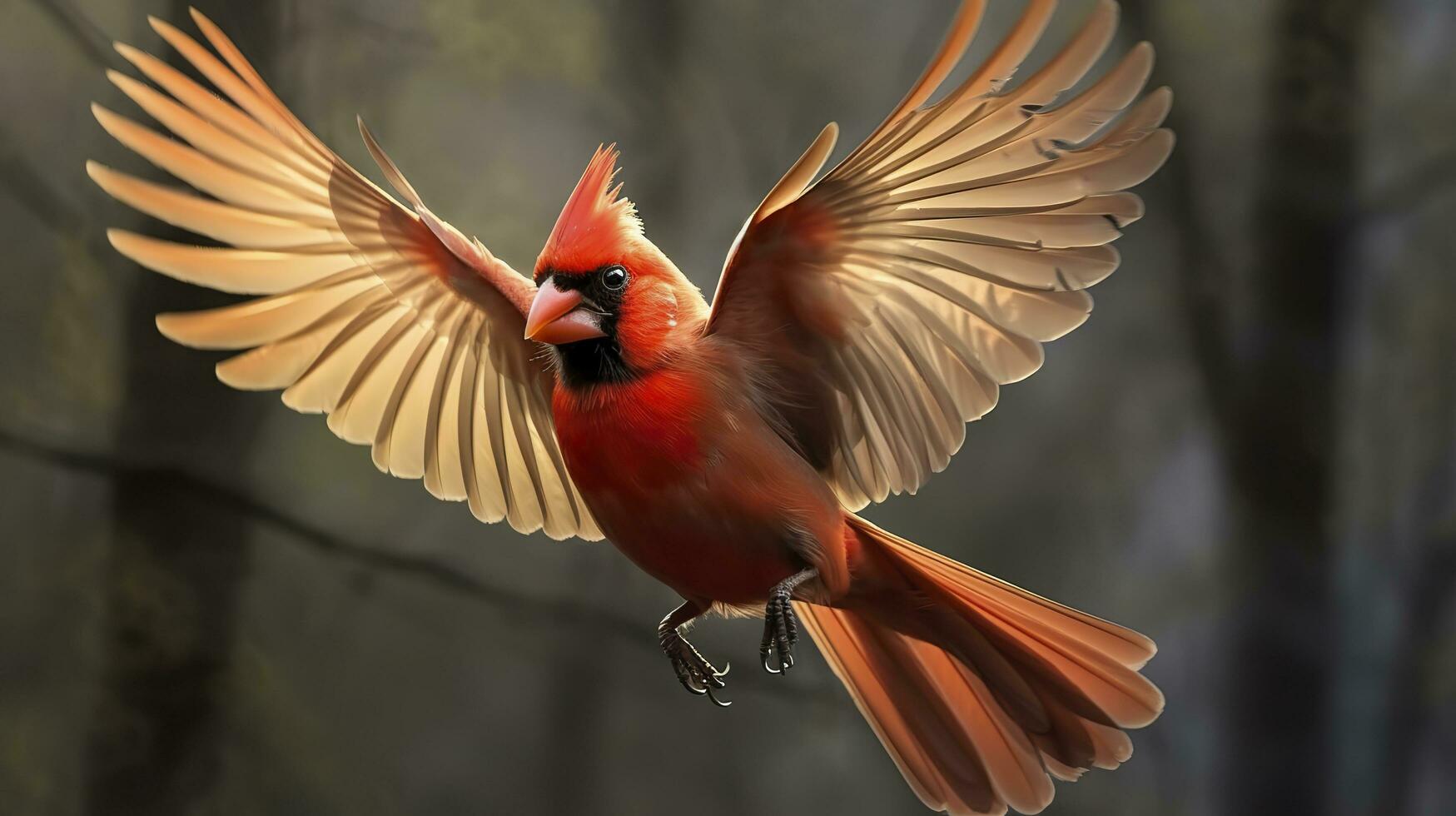 Northern Cardinal coming in for a landing. Generative AI photo