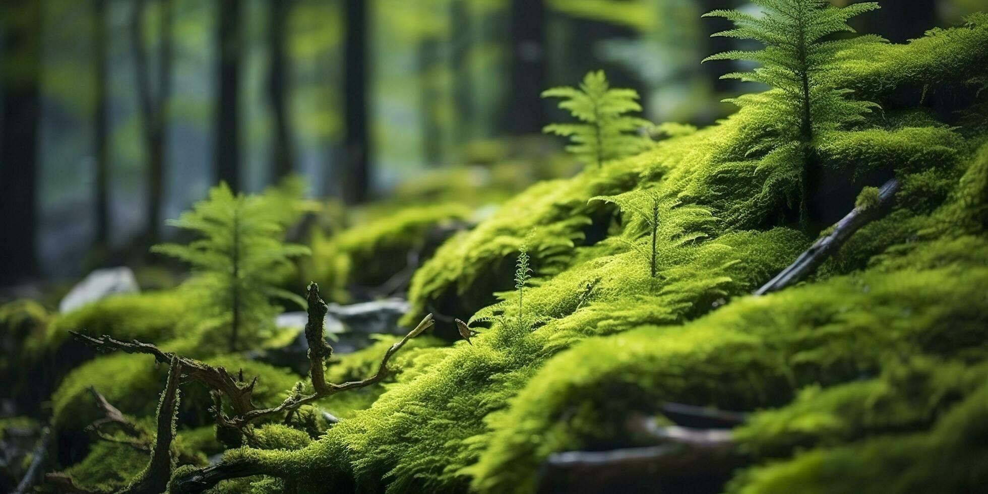 Green moss closeup, with a backdrop of woodland.  Forest in the national park. AI Generated photo