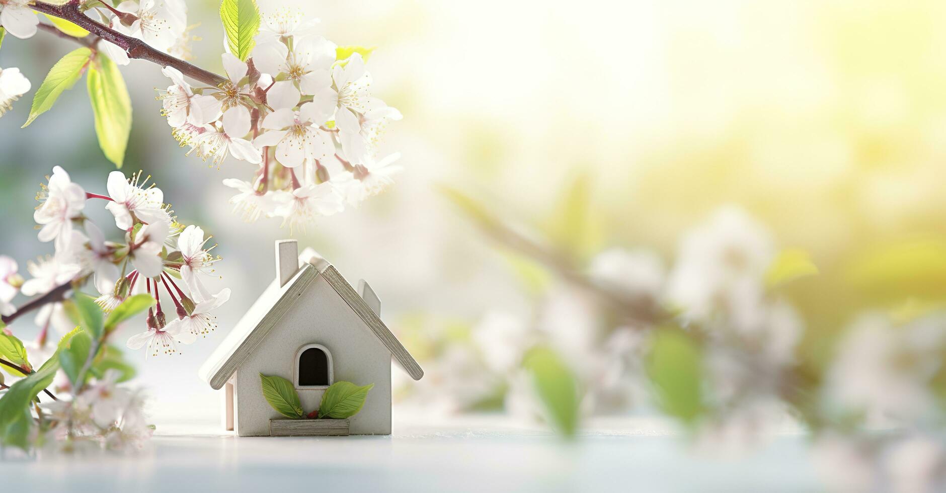 Toy house and cherry flowers, spring abstract natural background. Generative AI photo