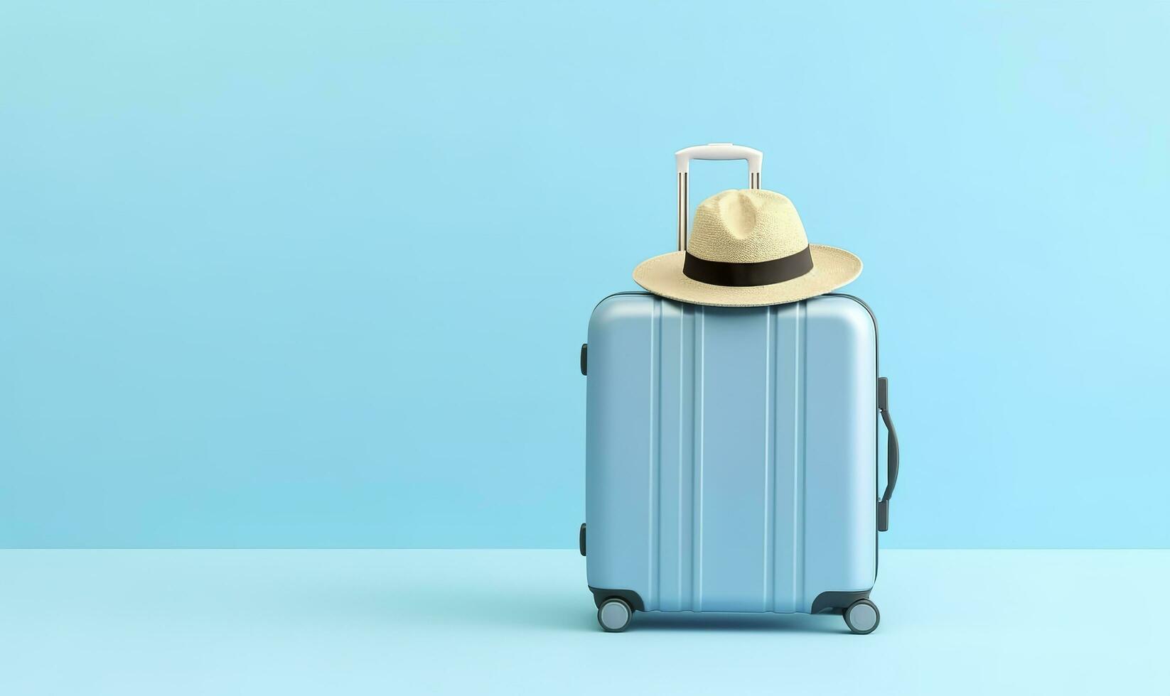Blue suitcase with sunglasses on a pastel blue background. travel concept. Generative AI photo
