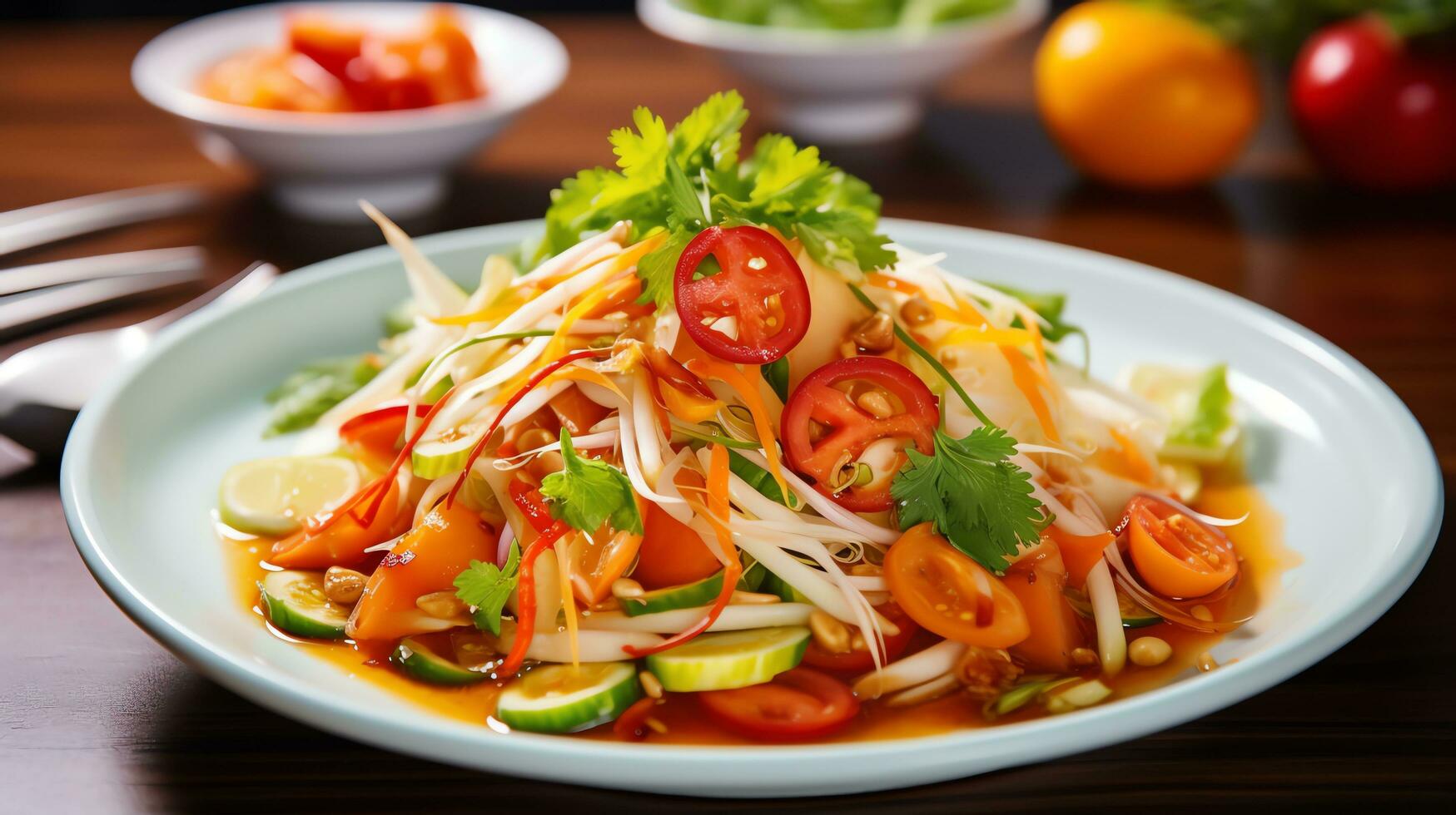 Thai papaya salad on a white plate Generate AI photo