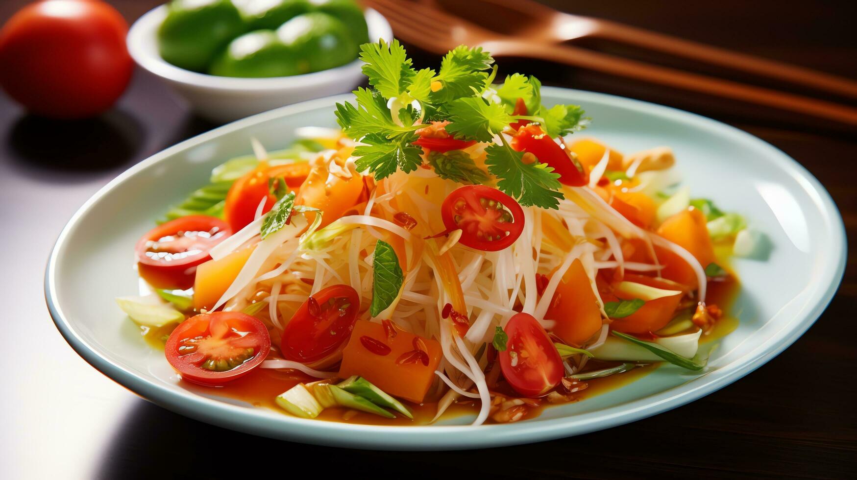 Thai papaya salad on a white plate Generate AI photo