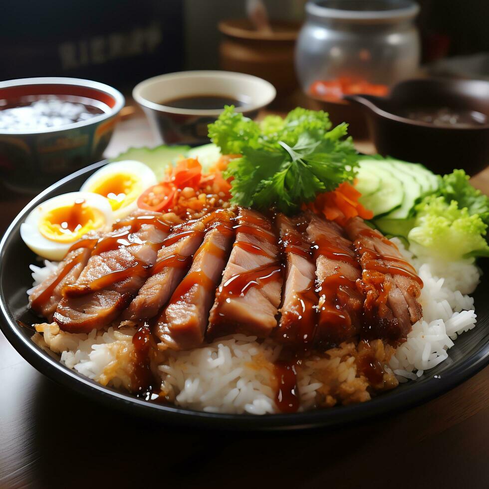 Delicious Crispy Pork and Red Pork on Rice and beef rice Generate AI photo