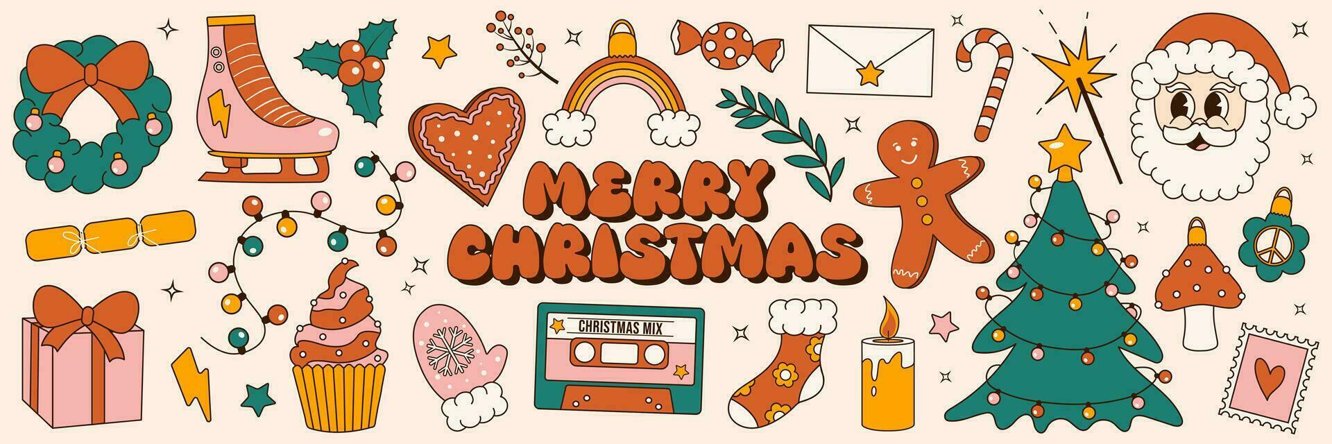 Merry Christmas. Groovy 70s Christmas sticker set. Trendy retro cartoon style elements. vector