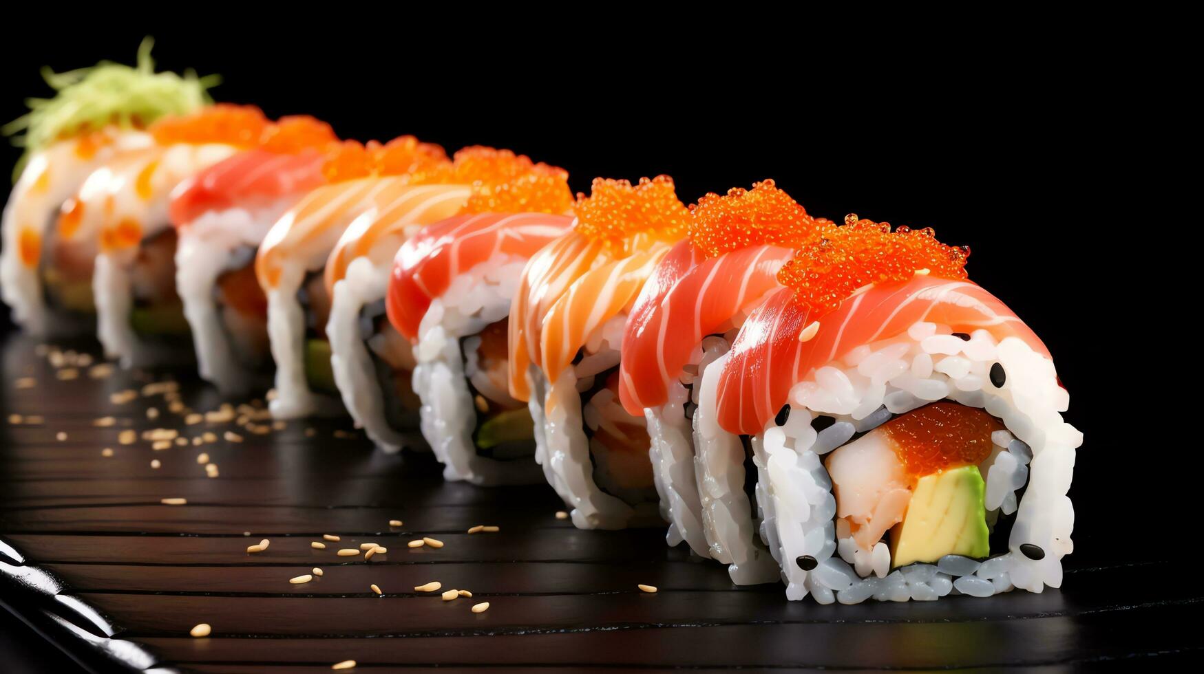 japonés Sushi en un negro y blanco antecedentes generar ai foto