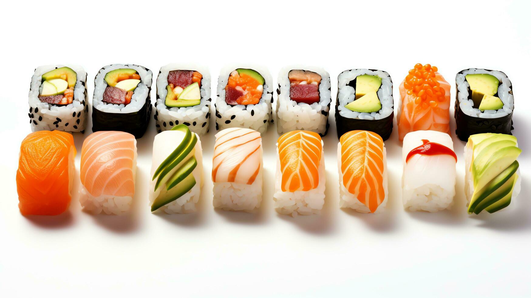 japonés Sushi en un negro y blanco antecedentes generar ai foto