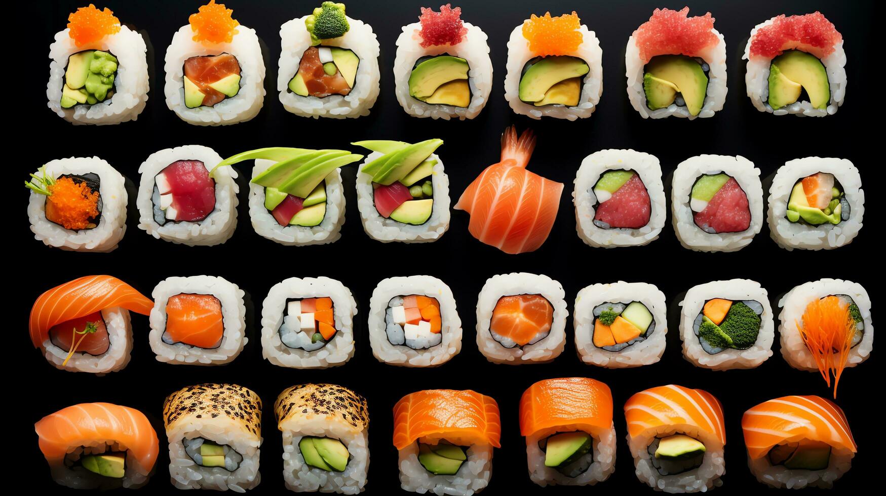 Japanese sushi on a black and white background Generate AI photo