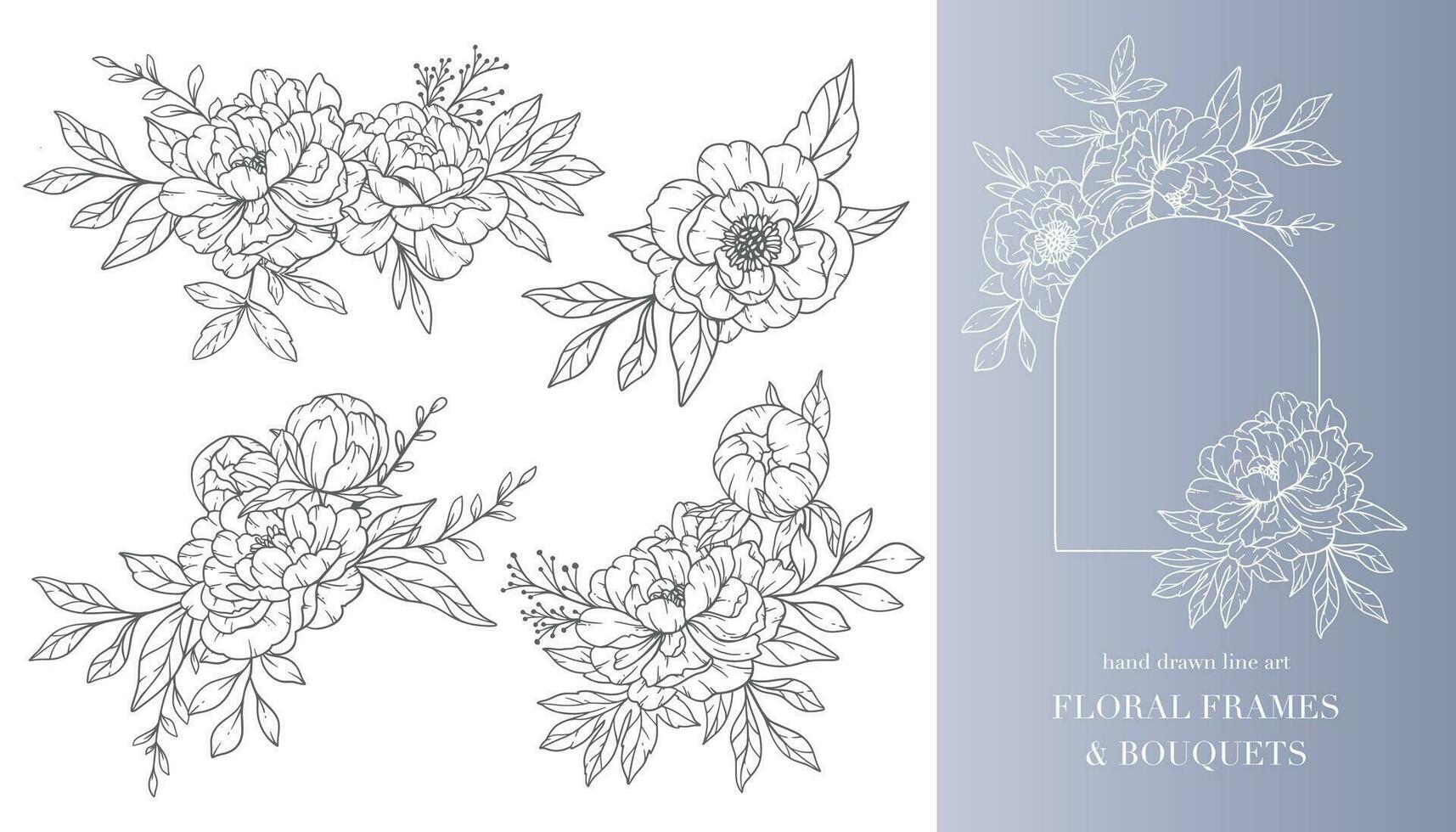 Peony Flower Line Art. Floral Frames and Bouquets Line Art. Fine Line Peony Frames Hand Drawn Illustration. Hand Draw Outline Leaves and Flowers. Botanical Coloring Page. Outline peony Isolated vector