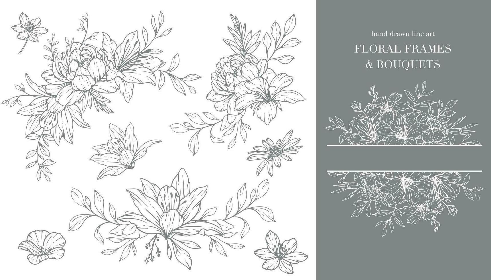 Wildflowers Line Art. Floral Frames and Bouquets Line Art. Fine Line Wildflowers Frames Hand Drawn Illustration. Hand Drawn Outline Wildflowers. Botanical Coloring Page. Wildflowers Isolated vector