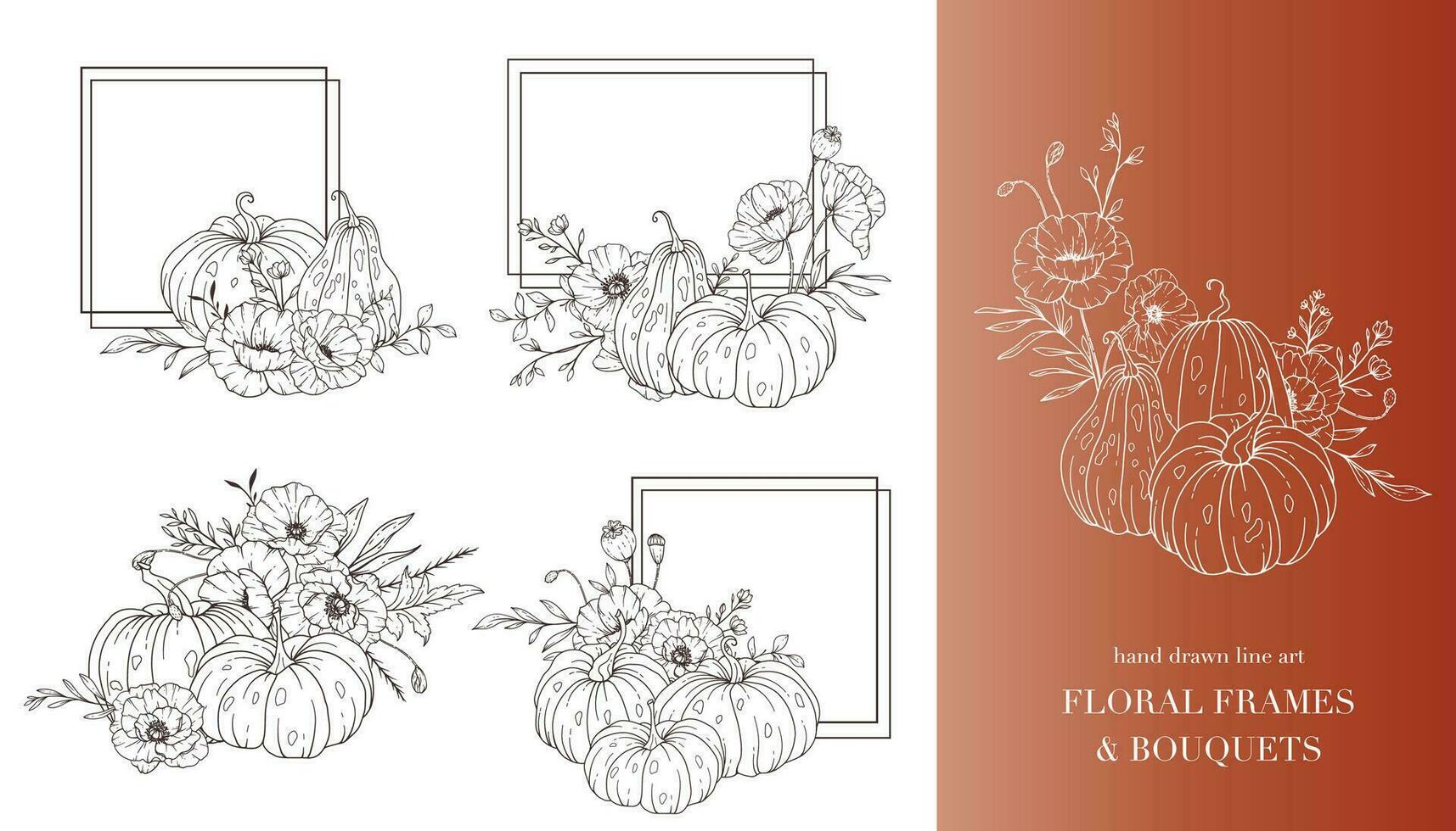 Pumpkins with Wildflowers Line Art Illustration, Outline Pumpkin arrangement Hand Drawn Illustration. Coloring Page with Pumpkins.  Thanksgiving Pumpkins Frame. Thanksgiving Pumpkins set vector