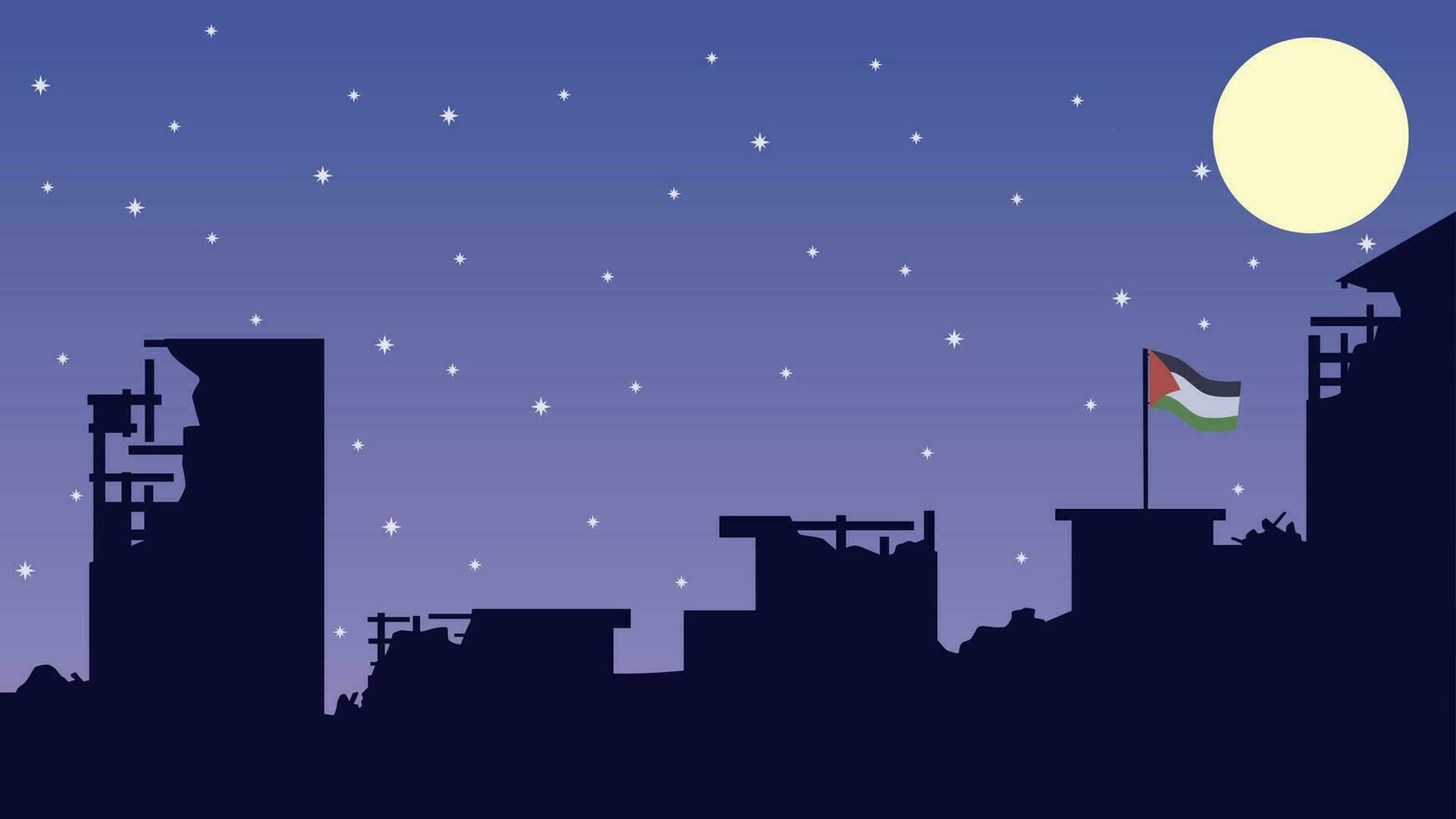 Palestine landscape vector illustration. Silhouette of destroyed city in the night with palestine flag. Palestine illustration for background, wallpaper, issue and conflict