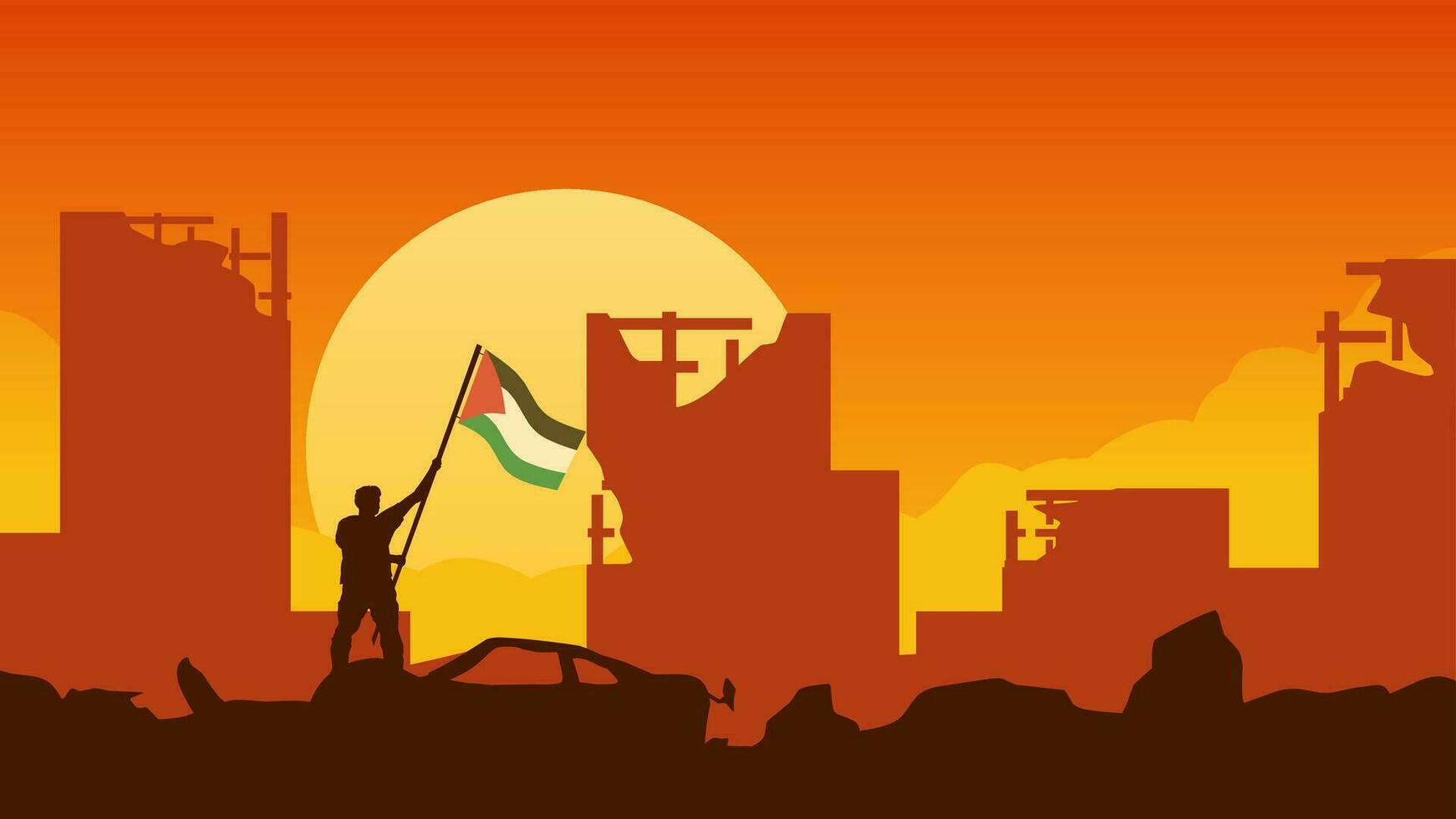 Palestinian Israeli conflict vector illustration. Silhouette of man holding Palestine flag in destroyed city. Landscape illustration of war for social issues, news, invasion and terrorism