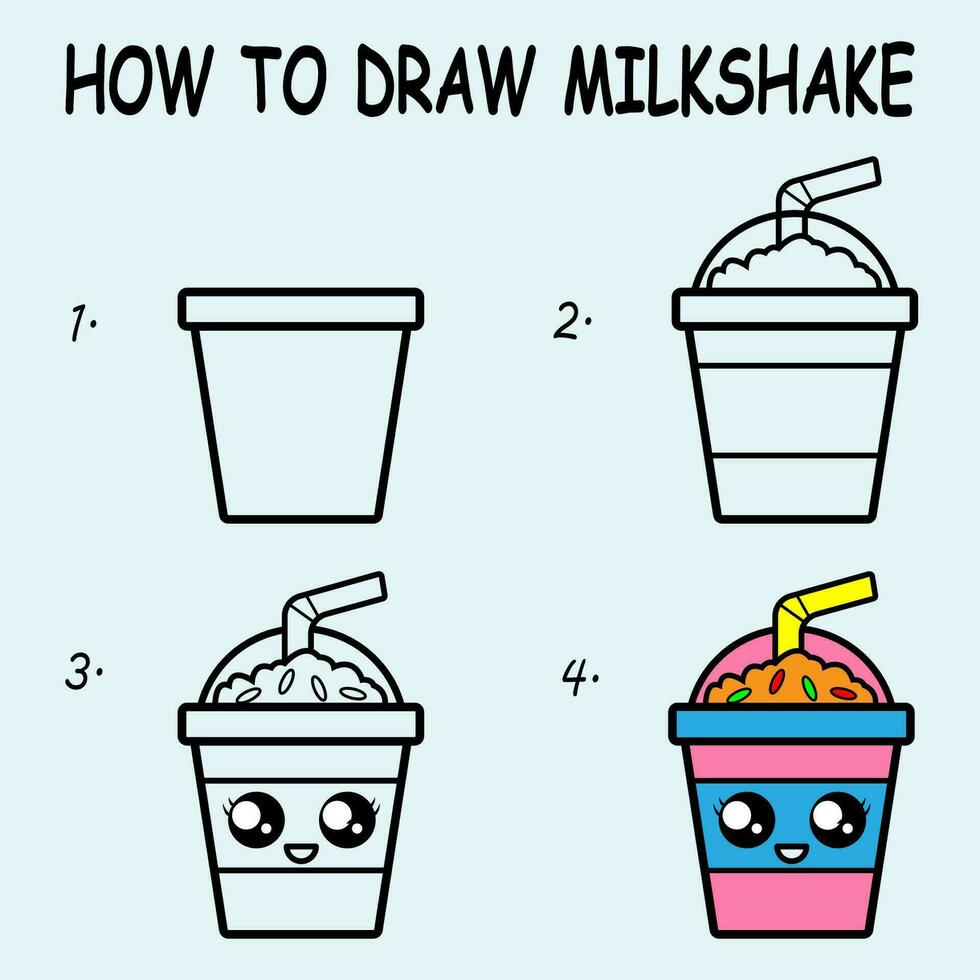 Step by step to draw a Milkshake. Drawing tutorial a Milkshake. Drawing lesson for children. Vector illustration.