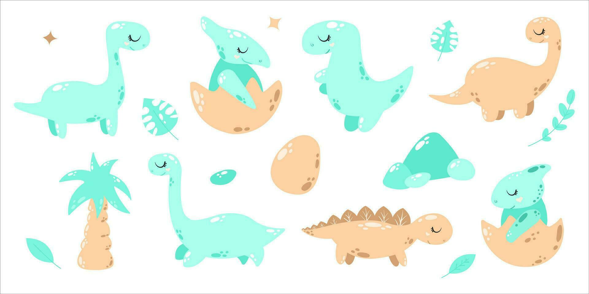 Set of cute dinosaurs. Hand drawn. vector