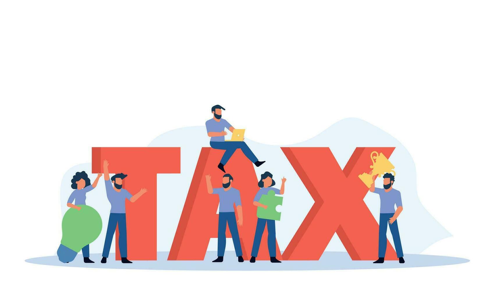 Creative flat vector illustration with businessman and his team working together on laptop to manage their business finances, including taxes, accounting, banking, payroll, and invoicing.