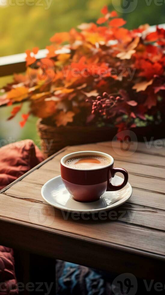 taza de café en de madera mesa con otoñal hojas en antecedentes. ai generativo. foto