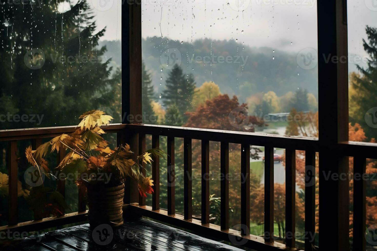 Autumn leaves on the balcony with rain drops and foggy landscape. AI Generative. photo