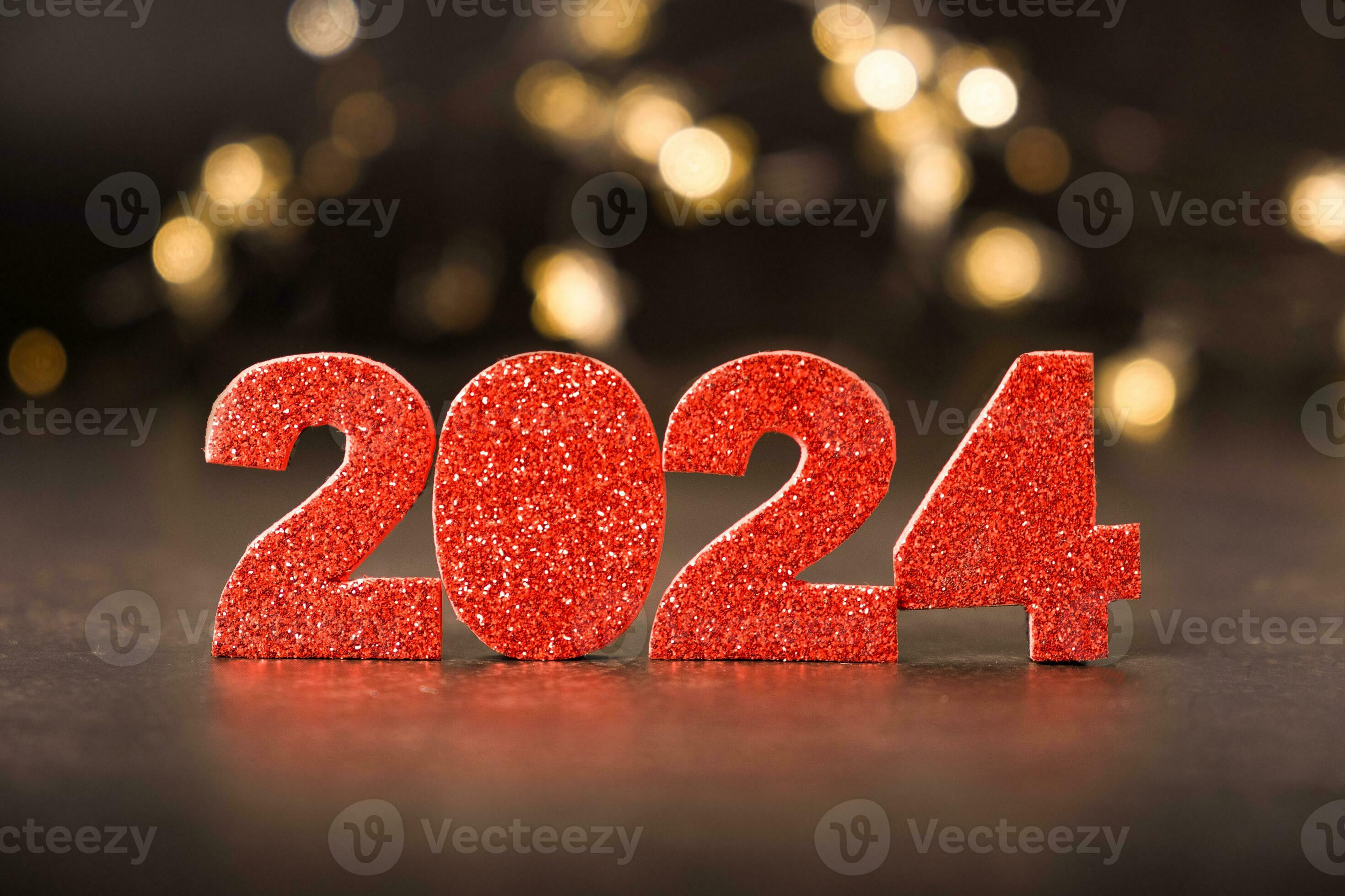 2024 glitter red numbers with bokeh background. Happy new year 2024