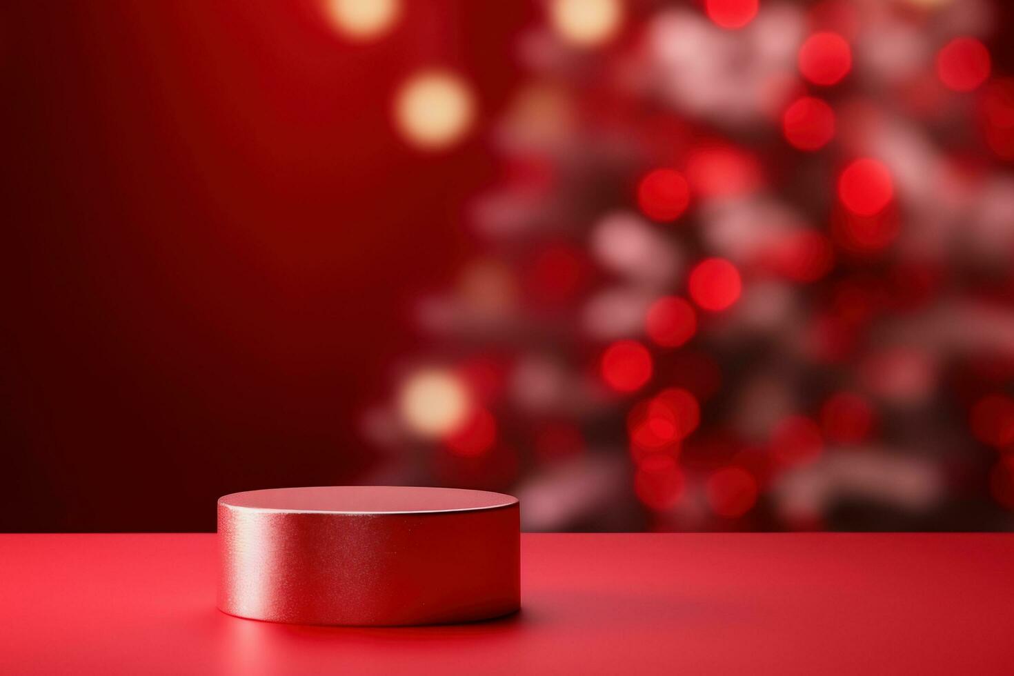 Empty red podium on a red background with blurred bokeh Christmas toys. Pedestal or stage mock up for your product. photo
