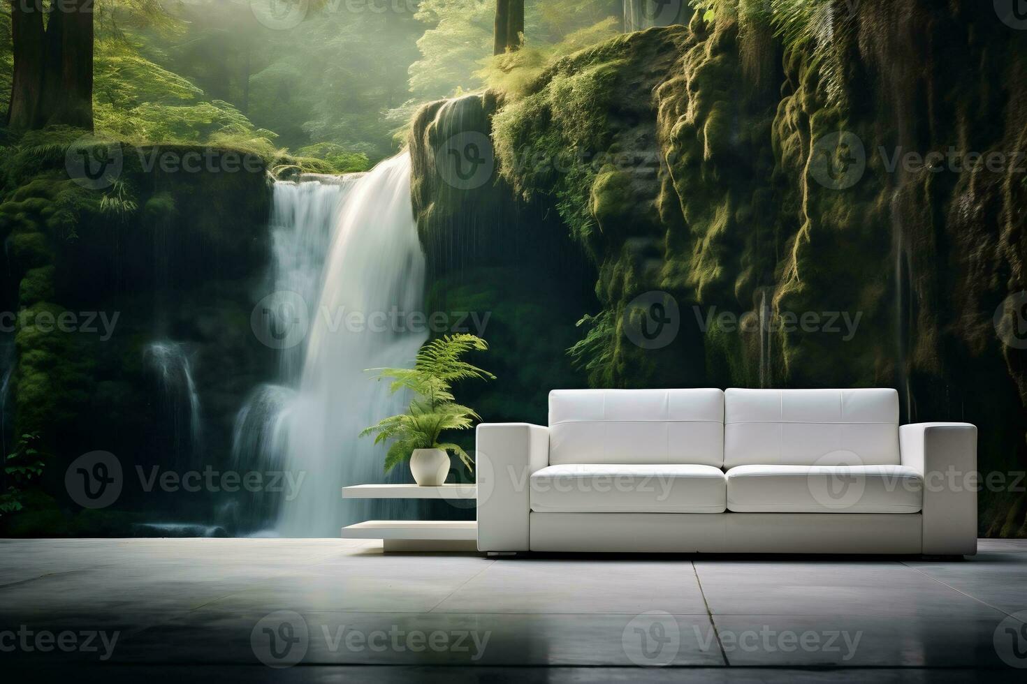The concept of vacation and connection with nature. White comfortable modern sofa on the background of a waterfall. AI Generated photo