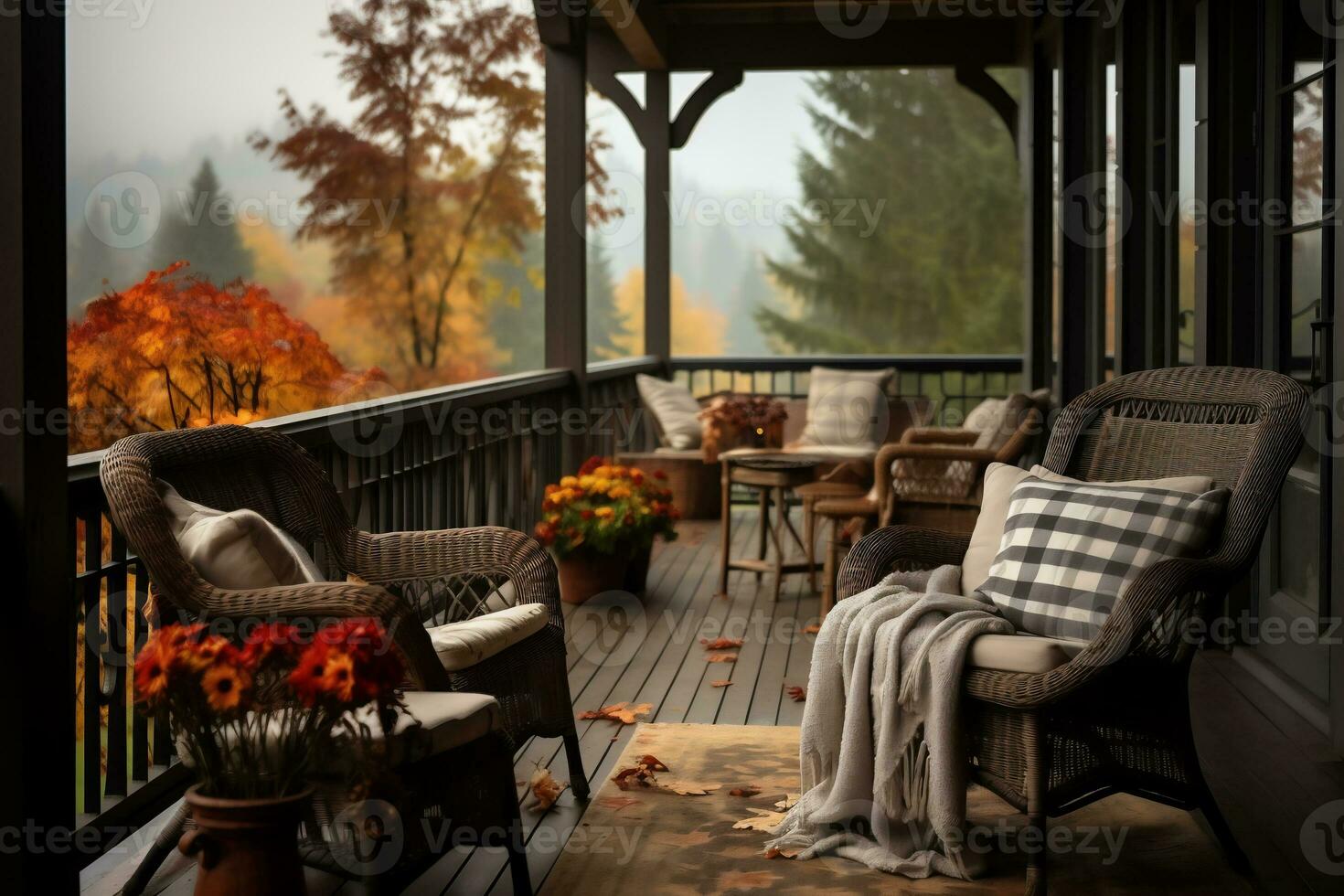 Outdoor patio with wicker chairs, table and autumnal leaves. AI Generative photo