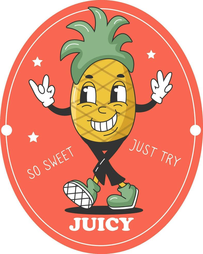 90s Fruits Funny Retro Hippie Groovy Cartoon Pineapple. Label with Comic Character. Groovy Summer Vector Sticker. Sweet Juicy Fresh Fruit Banner.