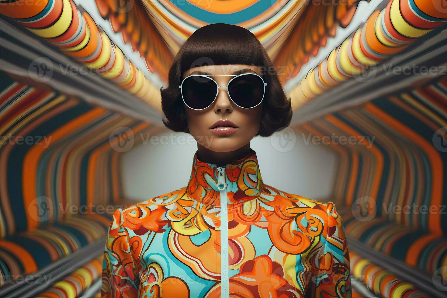 AI Generated A beautiful young model wearing sunglasses and a colorful jacket photo