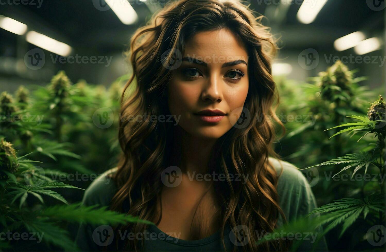 ai generativo retrato de bonito morena joven mujer a canabis crecer habitación rodeado por medicinal marihuana plantas foto