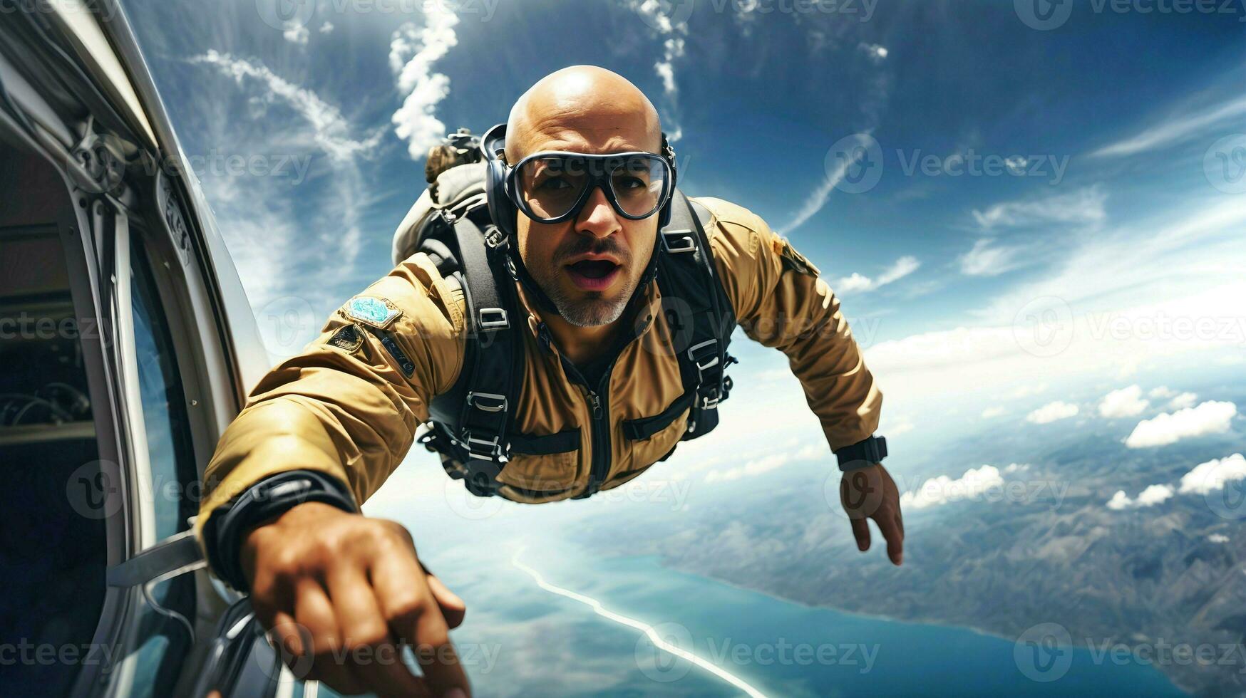 Ai generative skydiving concept, man jumping out of plane, parachuting background, banner with copy space text photo